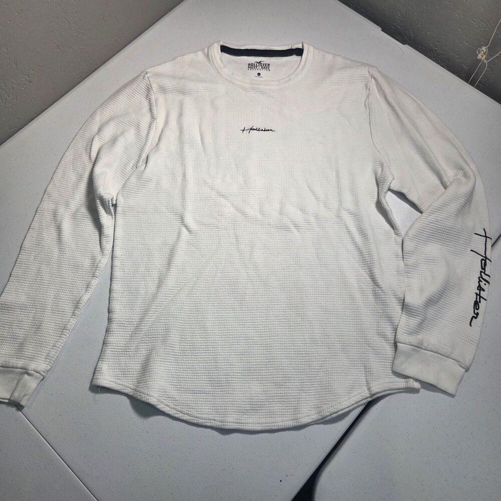 Hollister Thermal Long Sleeve Shirt Mens L White Waffle Knit Script Sleeve Top